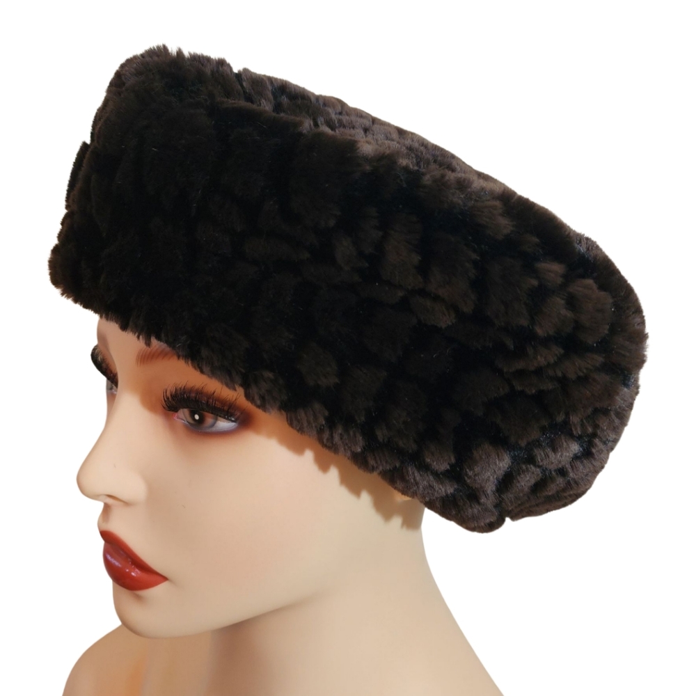 Vintage Neiman Marcus Black Textured Faux Fur Hat / Beret